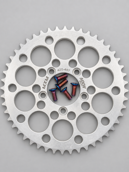 Silver 48T sprocket with five titanium bolts, studio view